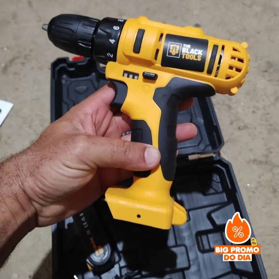 Parafusadeira e Furadeira Sem Fio Bateria 3/8 10mm com Maleta e Acessórios The Black Tools