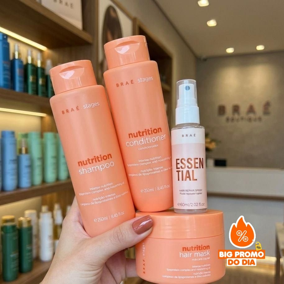 🫧 Kit Braé Stages Nutrition: Shampoo 250ml + Condicionador 250ml + Máscara 200g -Essential 60ml