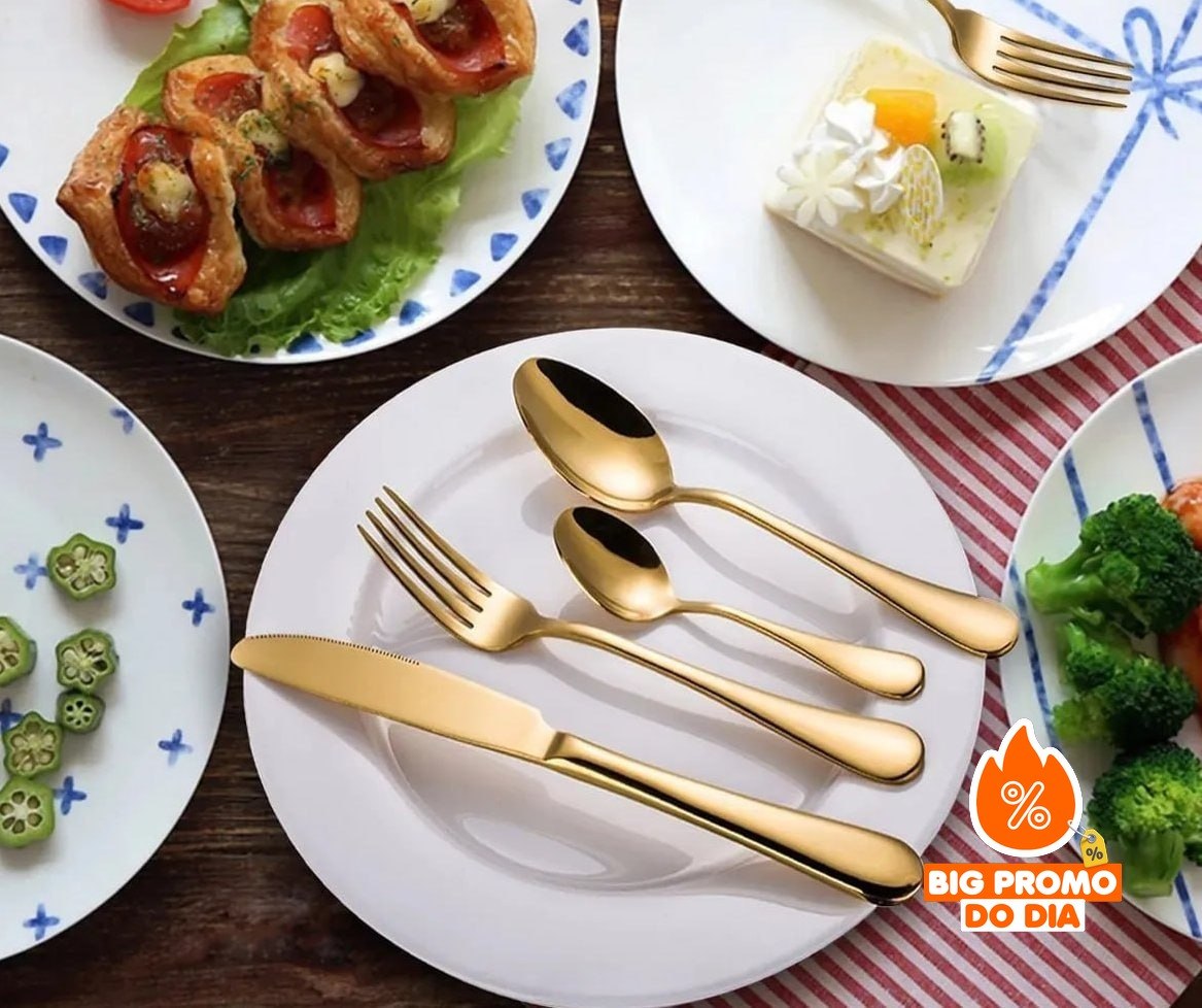 Kit 24 Talheres Luxo Premium Faqueiro Dourado