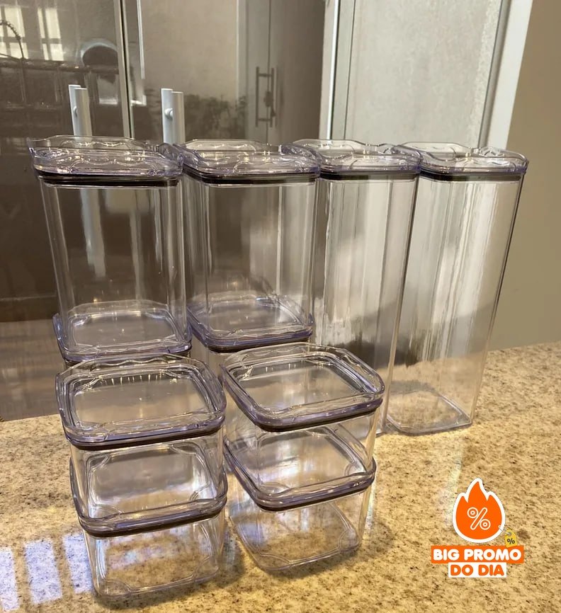 Kit 10 Organizadores Pote Hermético Empilhável Em Acrílico - Tampa Preta ou Transparente