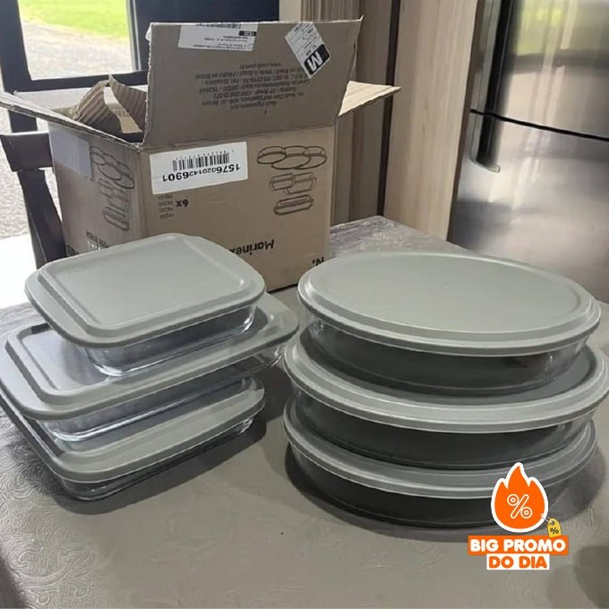 Conjunto Assadeiras 6 Peças de Vidro com Tampa Cinza - Marinex