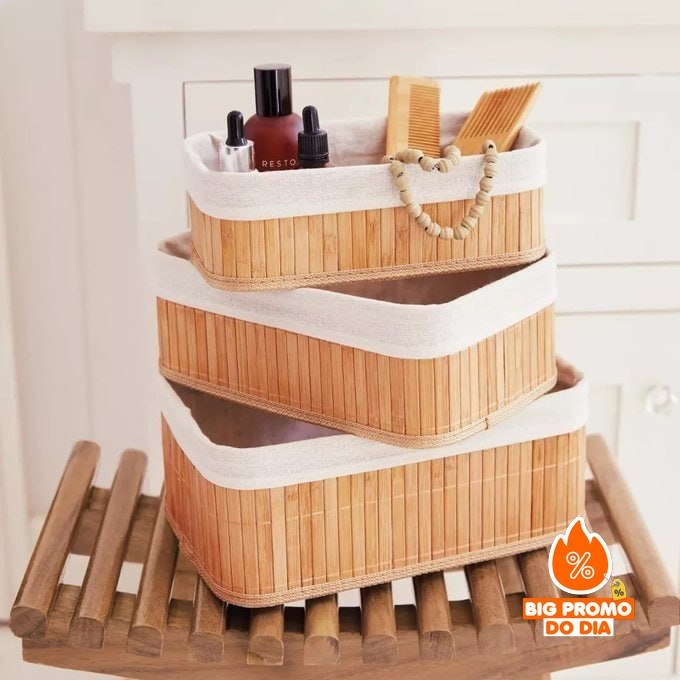 Kit com 3 Cestos Organizadores de Bambu