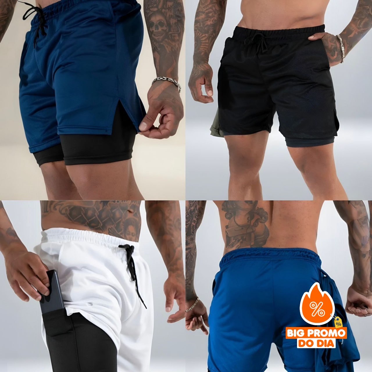 🩳 Kit 3 Shorts 2 em 1 com Bolso