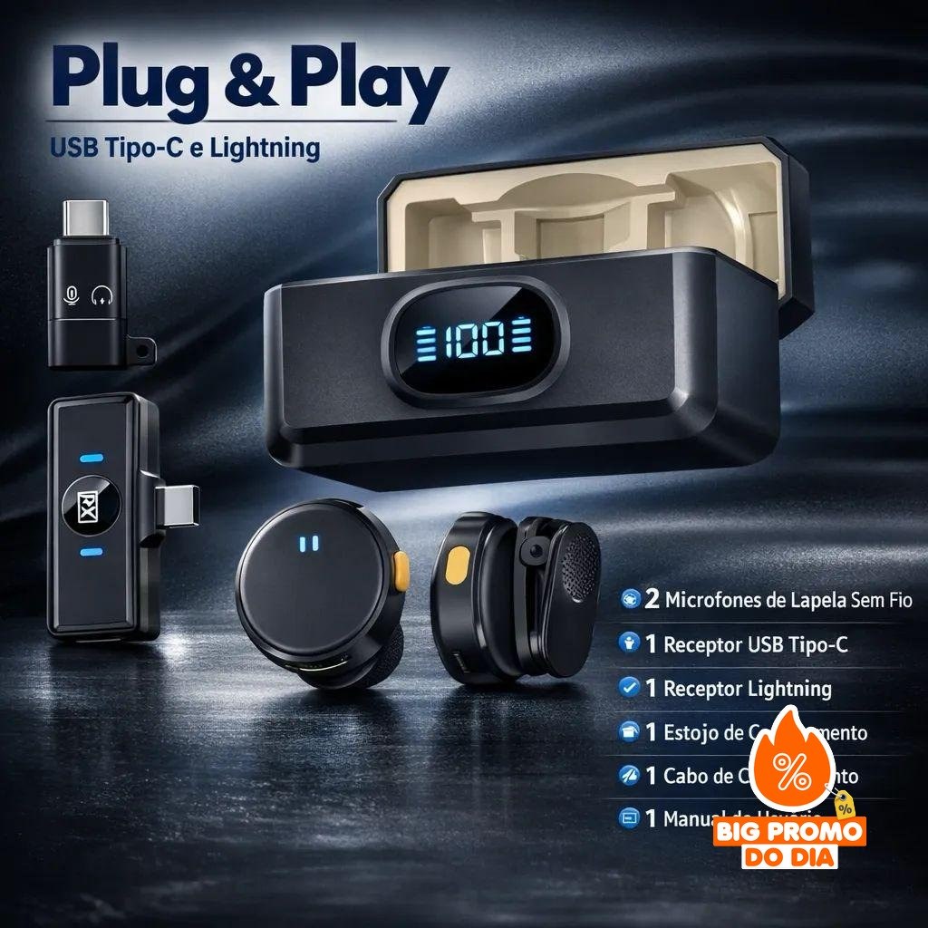 Microfone Lapela Redondo Sem Fio Duplo Imã Android e iPhone