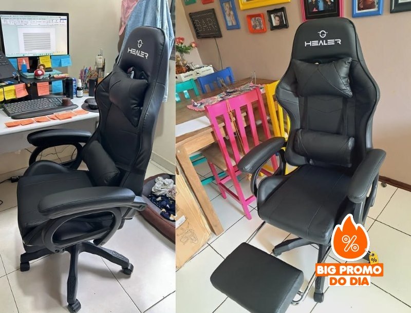 🪑 Cadeira Gamer Preto Healer Level Reclinável Com Apoio Pés