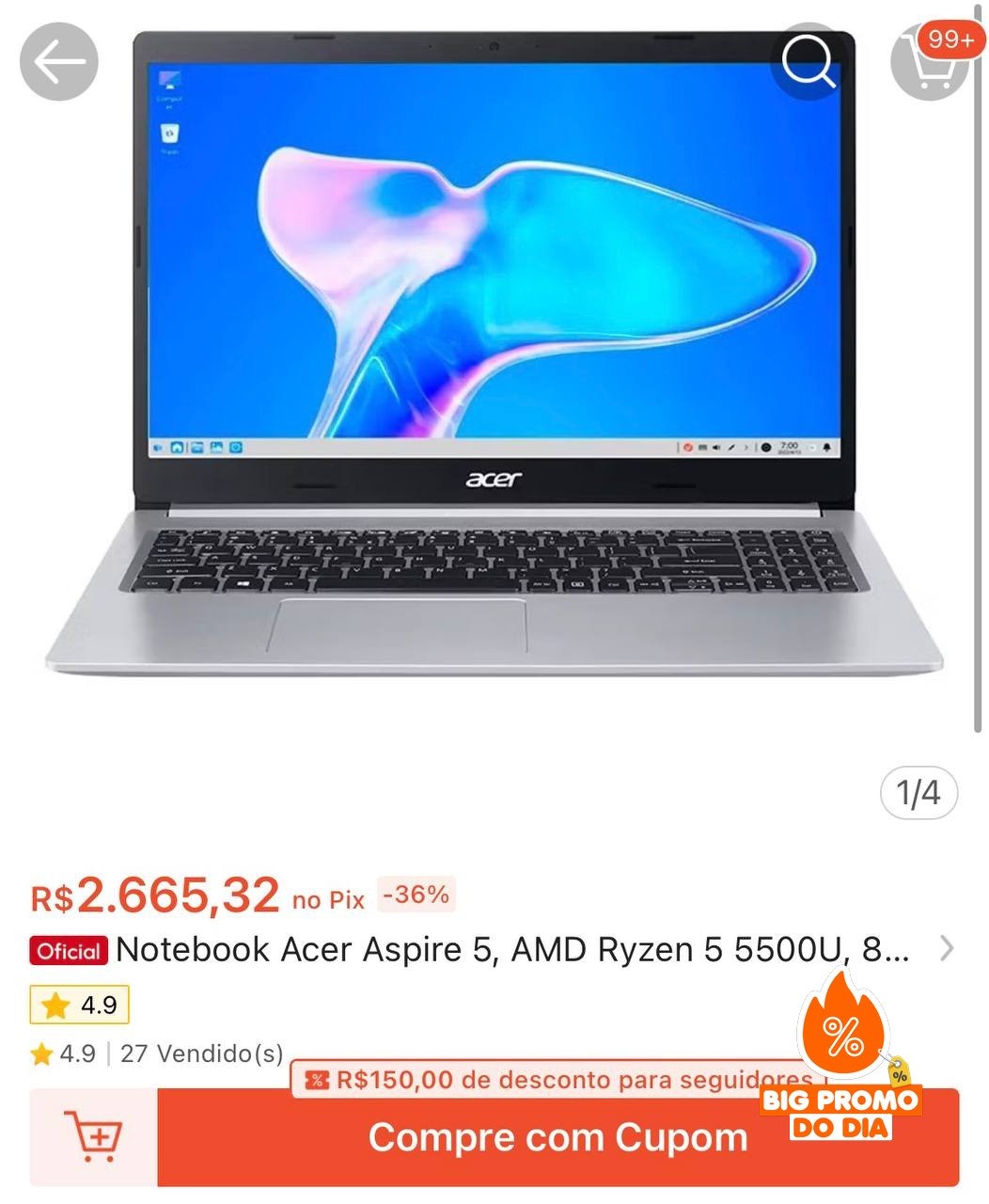 Notebook Acer Aspire 5 – AMD Ryzen 5 5500U, 8GB RAM, SSD 256GB, Tela 15.6” FHD IPS, Prata (A515-45-R1AC)