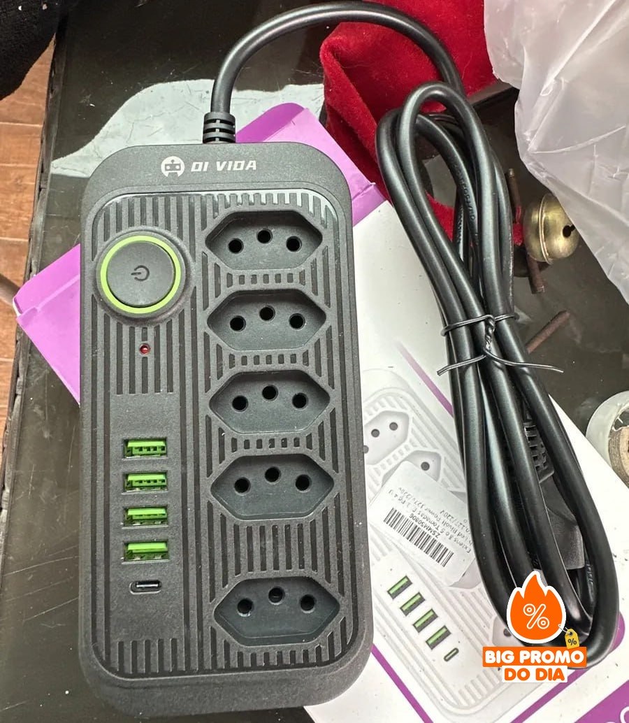 Extensão 5 Tomadas E 1 Pd 4 Usb Led Bivolt - Preto ou Branco