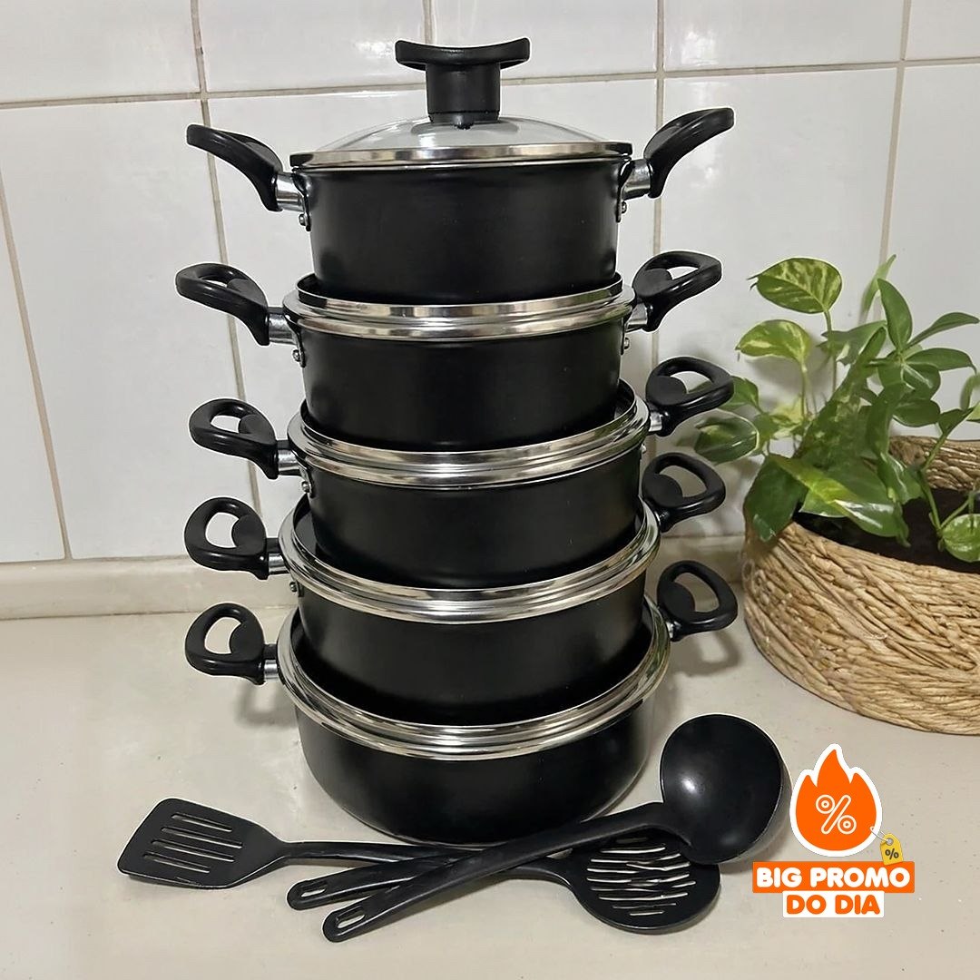 Jogo de Caçarolas 05 Peças com Tampa de Vidro e Utensílios