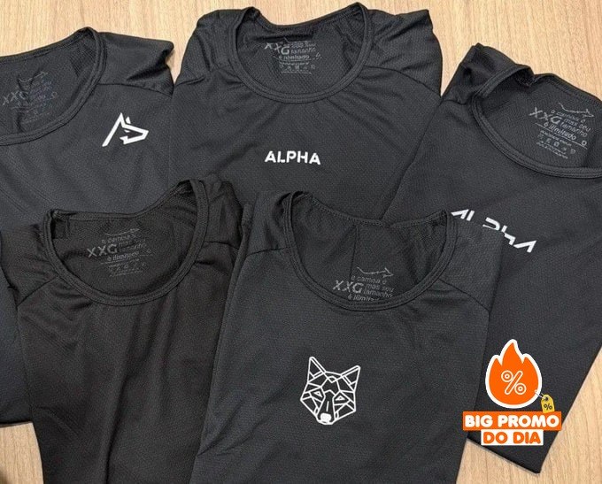 Kit com 5 Camisetas Dry All Black Alpha