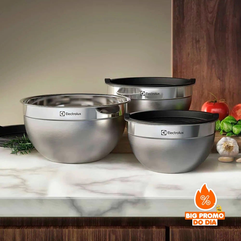 Conjunto de Bowls Inox C/ Tampa Plástica Electrolux 3 Peças