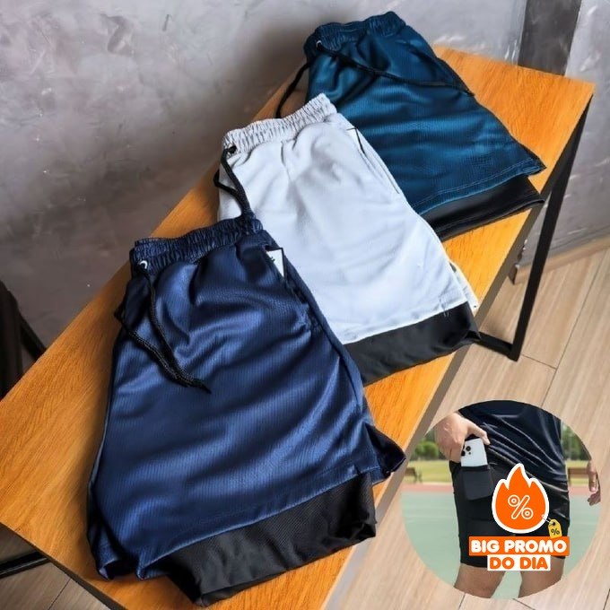 🩳 Kit 3 Shorts 2 em 1 com Bolso - Opção de Cores