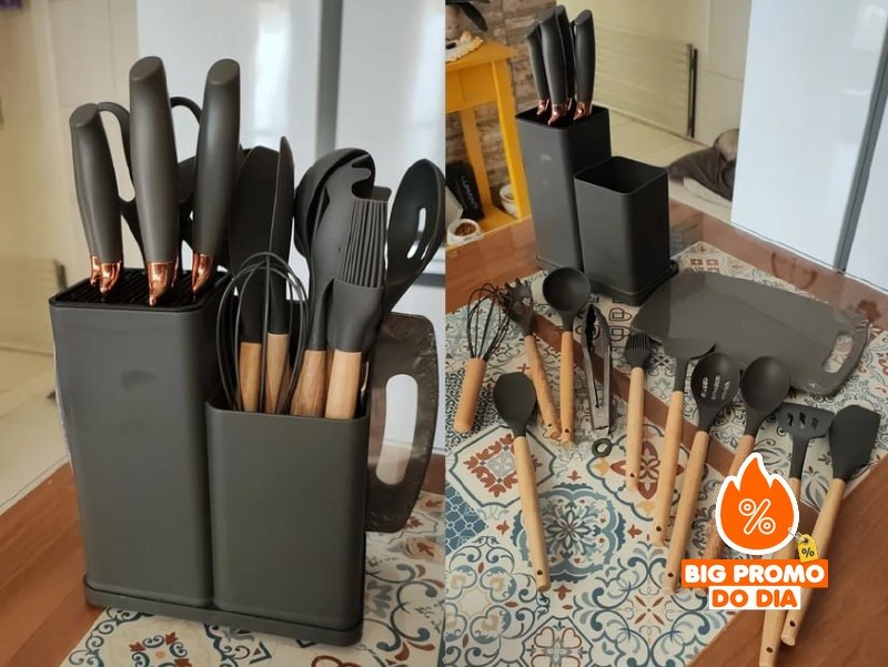 Kit 19 Peças Utensílios Cozinha Tábua Em Silicone - Três Opções de Cores