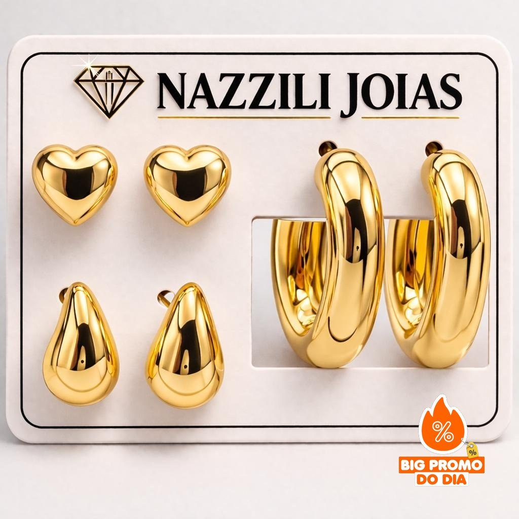 Kit 3 Pares de Brincos Femininos Dourados Bijuteria de Qualidade Elegantes e Sofisticados -- Argola, Gota e Coração - (Shopee)