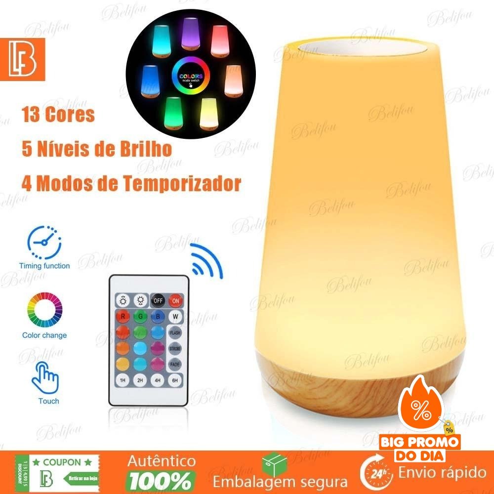 Luz Noturna de Controle Remoto Recarregável Com Toque 13 Cores Cronometrado Luminária - (Shopee)