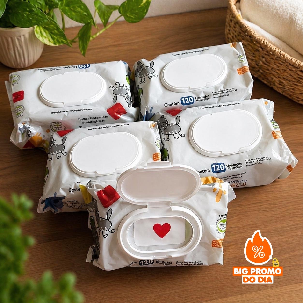 Kit 05 Pacotes Toalhas Umedecidas Turminha Da Bagunça 120 Unidades 19X13 cm 98% Água - (Shopee)