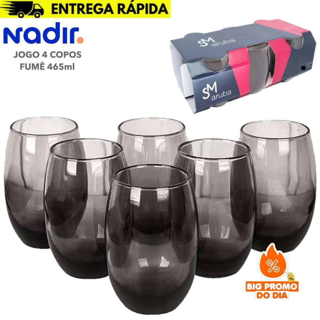Jogo Copos Aruba Vidro Fumê Multiuso Luxo 465ml Cinza - 4 Copos Nadir Refrigerante Suco - (Shopee)