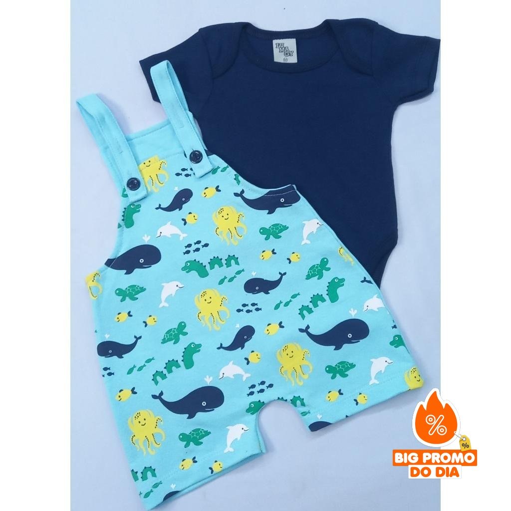 Conjunto macacão com body manga curta menino roupas de verão - (Shopee)