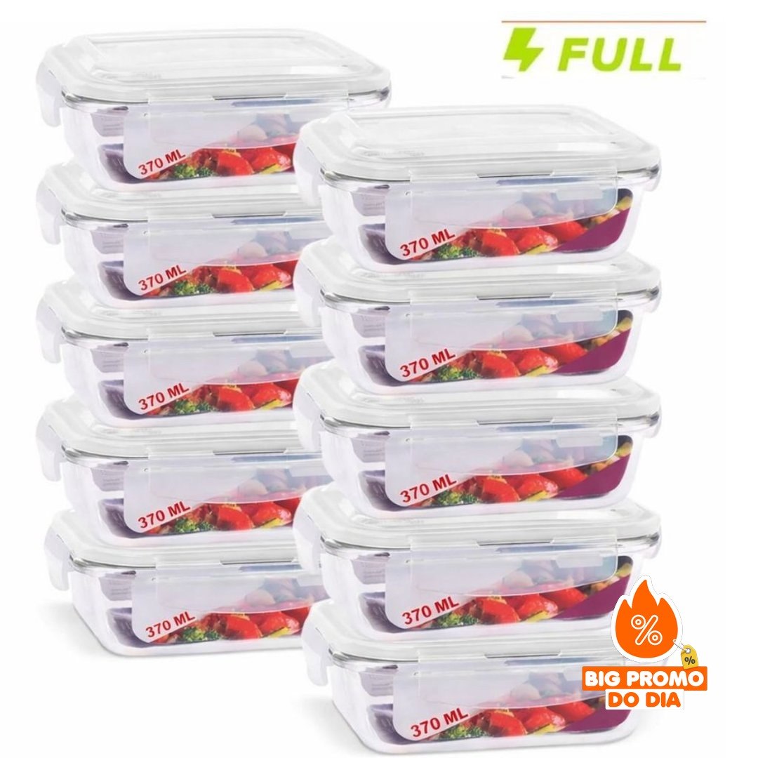 Kit 10 Pote Hermético de Vidro 370ml Marmita Fit Tampa 4 Travas Freezer Microondas Geladeira - (Shopee)