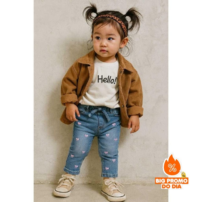 CALÇA JEANS PREMIUM INFANTIL DE BEBÊ MENINA COM LAÇOS BORDADOS P-M-G E 01 AO 03 - (Shopee)