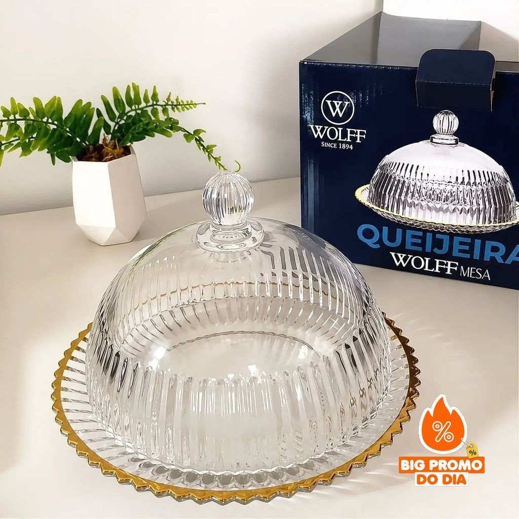 Queijeira Wolff Imperatriz Cristal Fio de Ouro 20cm Para Servir com Estilo - (Shopee)