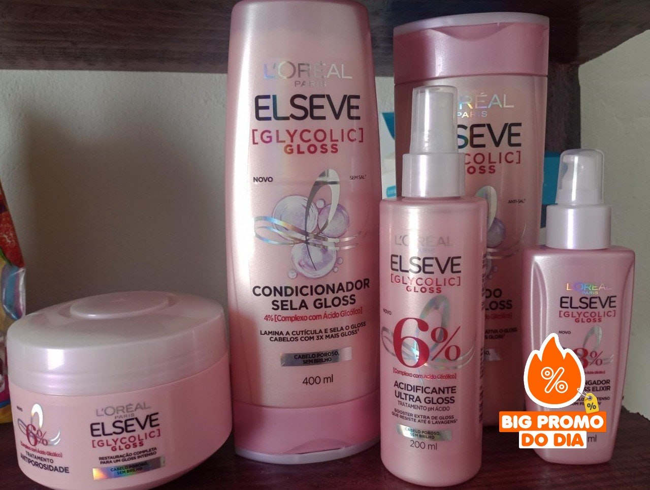 Kit Tratamento Capilar L'Oréal Paris Elseve Glycolic Gloss: Shampoo + Condicionador + Acidificante + Sérum + Máscara