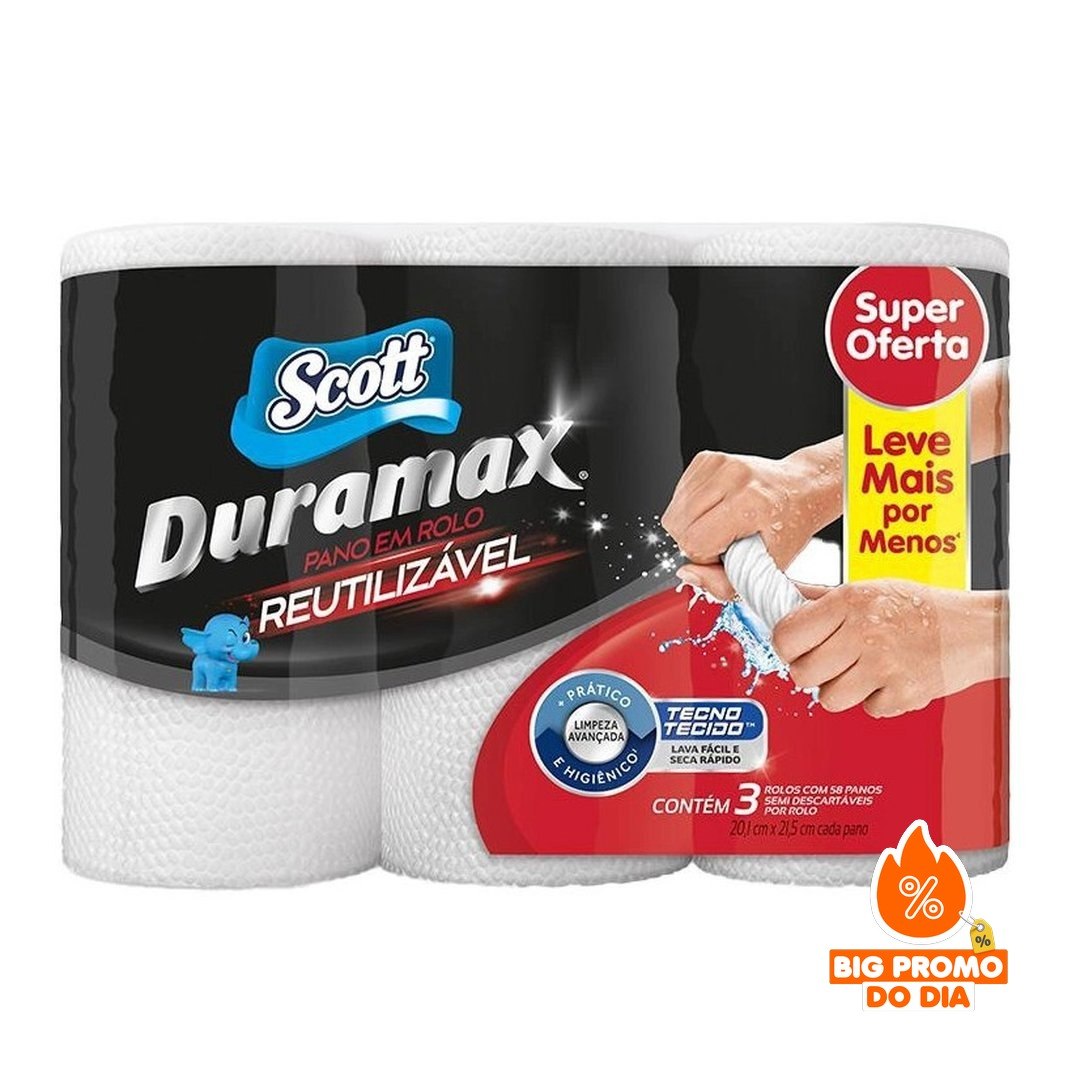 PANO REUTILIZÁVEL SCOTT DURAMAX BRANCO - KIT 3 ROLOS - (Shopee)