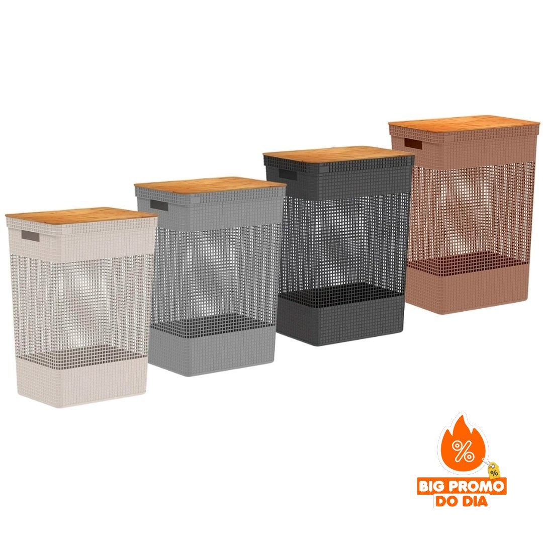 Cesto de Roupa Suja Tampa Bambu Grid 49L CG455 - (Shopee)