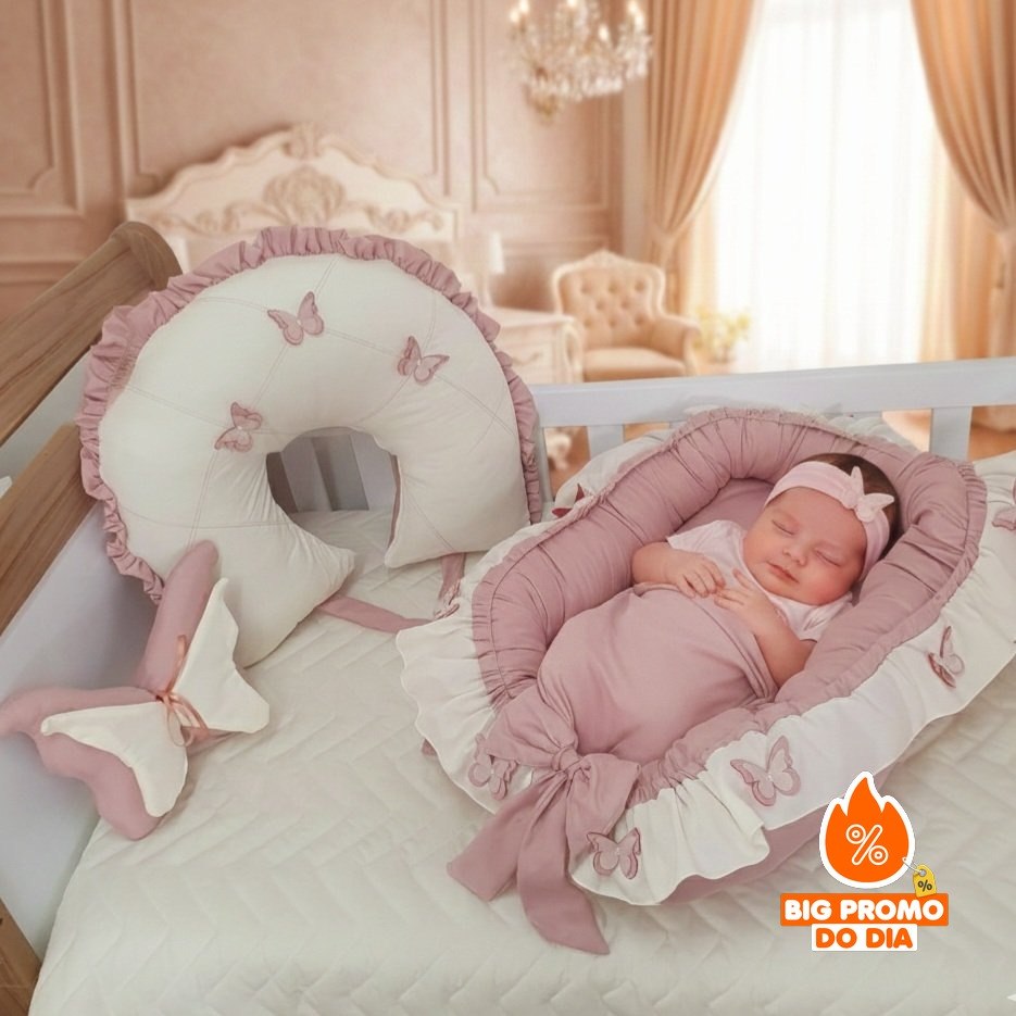Kit 3 peças Ninho Redutor De Berço com borboletas + Almofada de Amamentação Babado e amarris + Almofada BORBOLETA DE ASA - (Shopee)