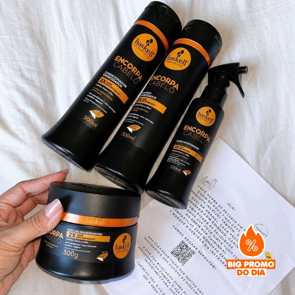 Kit Encorpa Cabelo Haskell - Shampoo + Condicionador + Máscara + Fluido - Fios Encorpados, Volumosos e Resistentes - (Shopee)