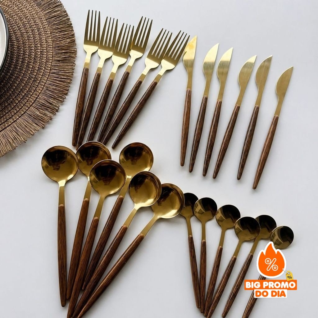Belifou Kit 24 Jogo De Talheres Aço Inoxidável 416 Ouro Alças De Madeira - Diana - (Shopee)