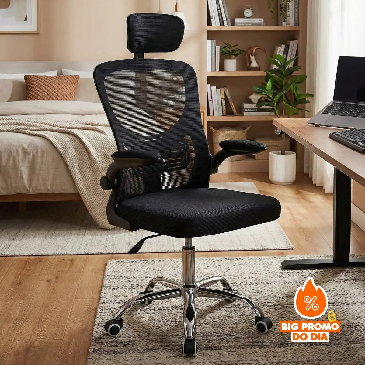 Cadeira Escritório c/ Ajuste Lombar Encosto de Cabeça