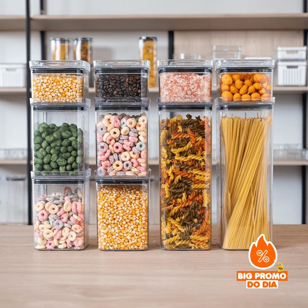 10 Potes Herméticos em Acrílico Cristal para Cozinha Empilhável Organizador para Mantimentos Amobox - (Shopee)