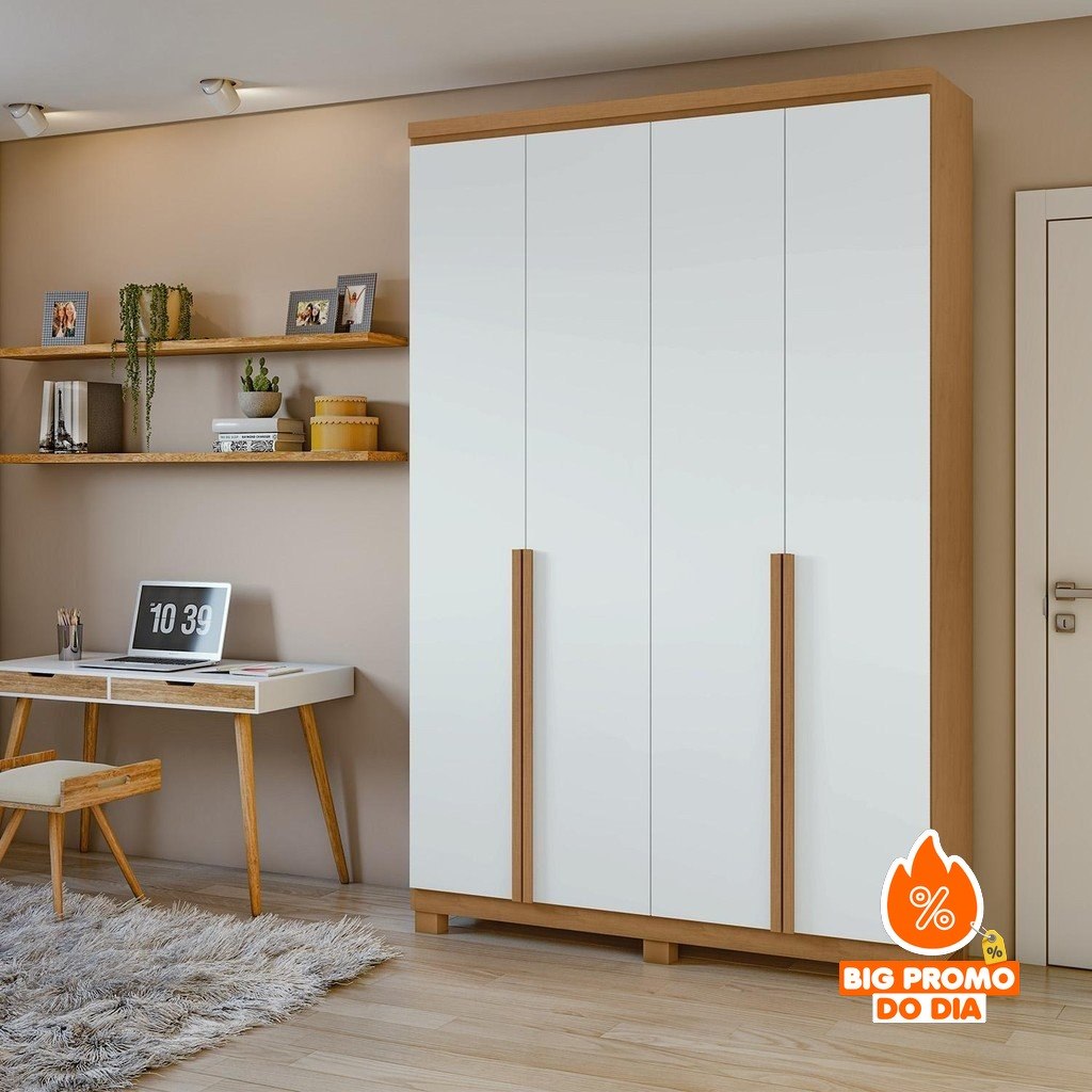 Guarda-Roupa Solteiro 100%MDF Alonzo 4 portas Com Pés Amendoa/Branco - (Shopee)