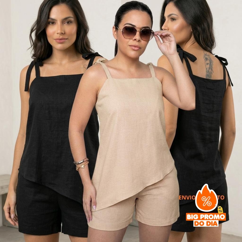 Conjunto Short e Blusa Assimétrica Alça Regulável e Confortável Crepe Soltinho - (Shopee)