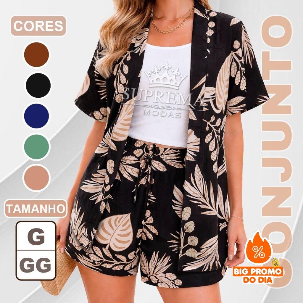 Conjunto Femenino, Kimono + Short, 2 Peças, Manga Curta, Look Verão Elegante Casual Moda 2026 - (Shopee)