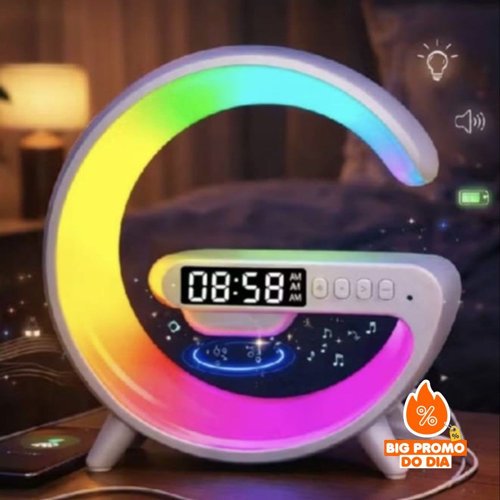 Luminária Despertador Com Luz Led Bluetooth Caixa Som Relógio Digital Carregamento Indução Abajur - (Shopee)