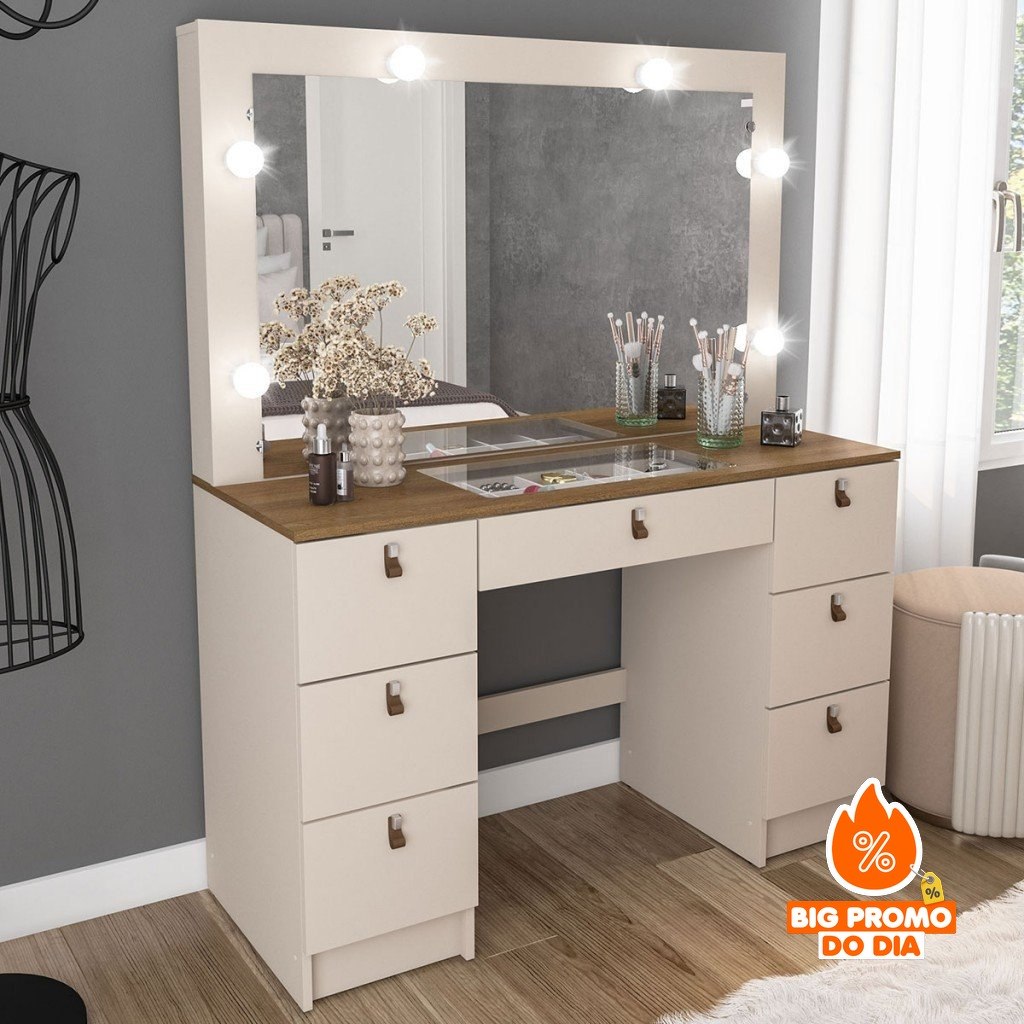 Penteadeira Camarim França 7 Gavetas com Vidro Off White/Freijó - Politorno - (Shopee)
