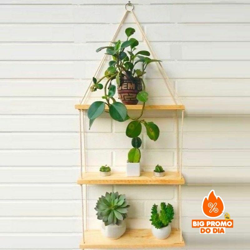 Prateleiras de Madeira Suspensa com Corda 3 andares - (Shopee)