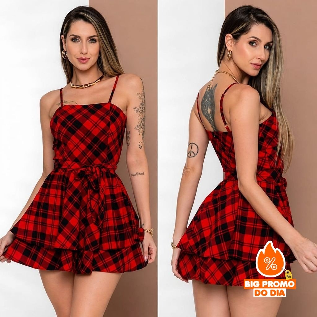 Macaquinho Feminino Xadrez Vestido Rodado com Laço Removível Alça Ajustável Festa Junina - (Shopee)