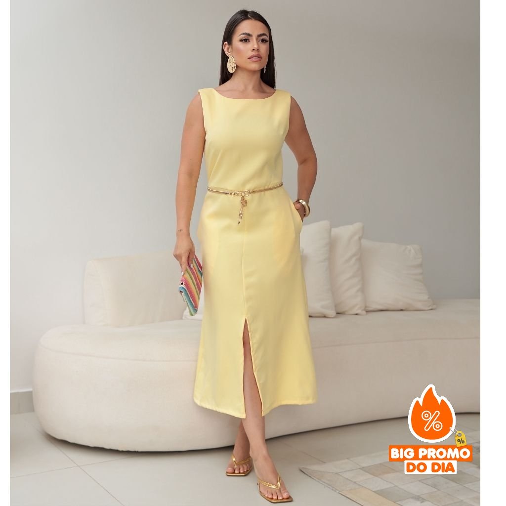 Vestido Feminino Midi Alfaiataria Alças Largas Bolsos e Fenda Sofisticada Festas - (Shopee)