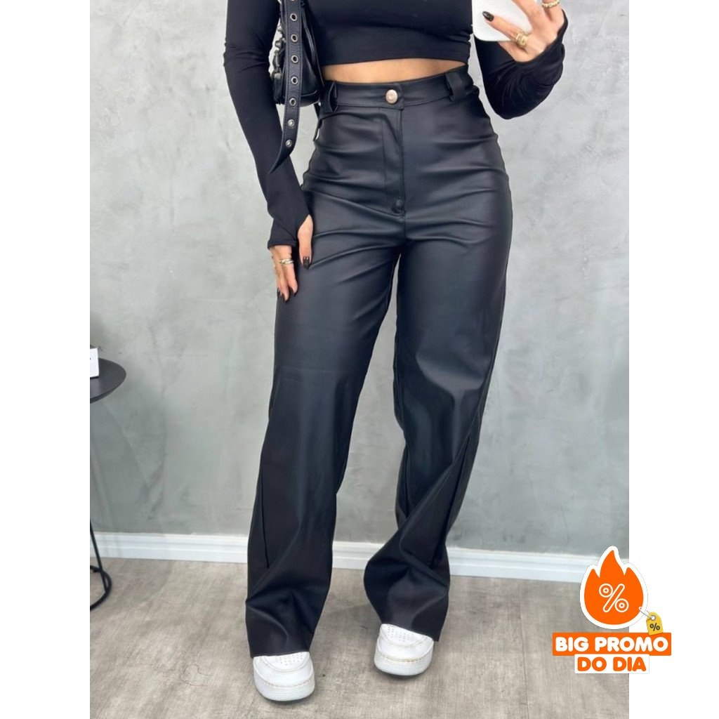 Calça Couro Fake Wide Leg Pantalona Feminina PU Sintético Zíper Botão Bolso - (Shopee)