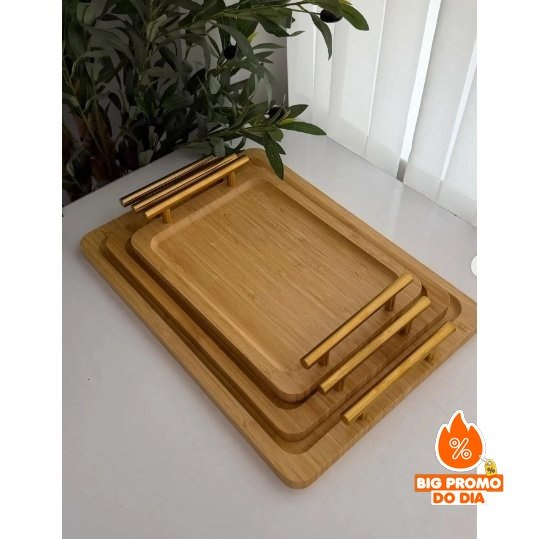 Bandeja de Bambu e Madeira com Alças Douradas - (Shopee)