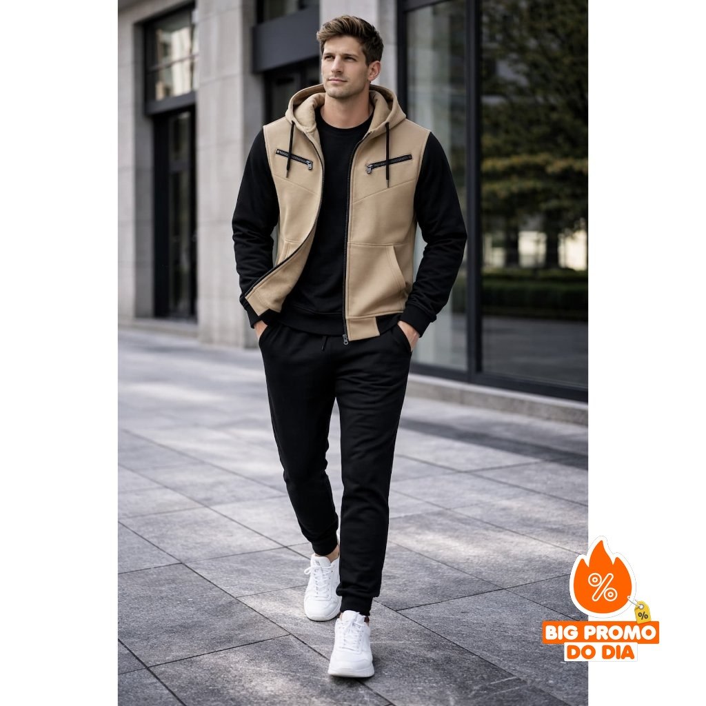 Conjunto Masculino Blusa de Frio com Capuz e Zíper + Calça de Moletom Jogger Slin - (Shopee)