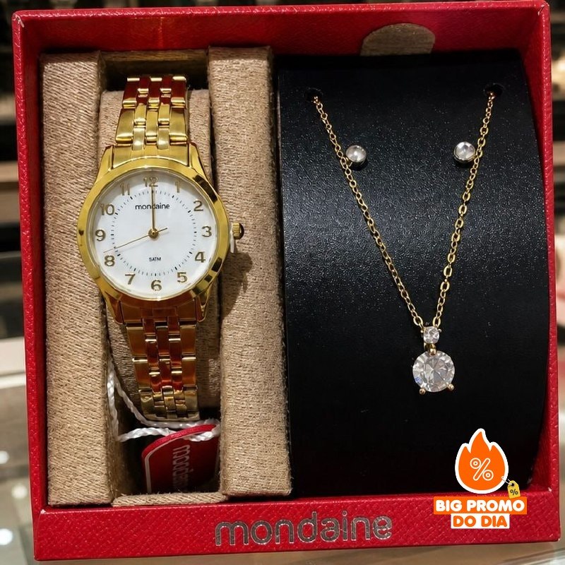Relógio Feminino Mondaine Dourado Luxo + Kit Joias