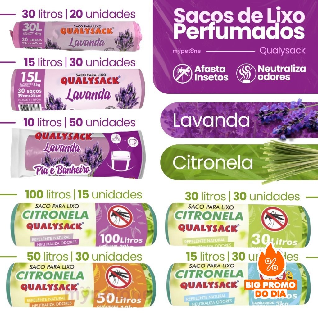 Saco de Lixo Aroma Lavanda e Citronela 10, 15, 30, 50 e 100 Litros - Qualysack - (Shopee)