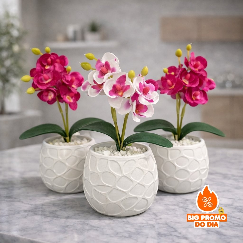 Vasos Decorativos com Orquídea Artificial em Gesso Cerâmico Branco - (Shopee)
