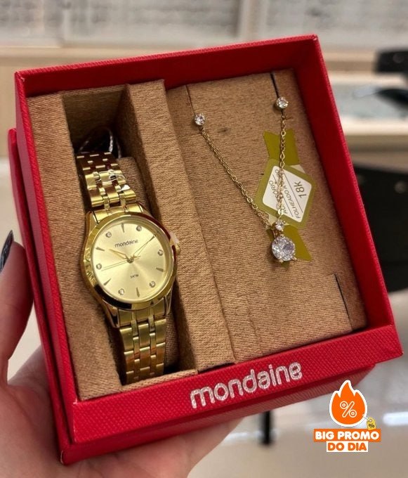 Kit Relógio Mondaine Dourado + Colar e Brincos