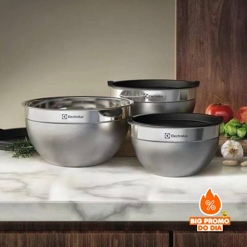 Conjunto com 3 Bowls Tigelas Inox e Tampa Plástica Electrolux