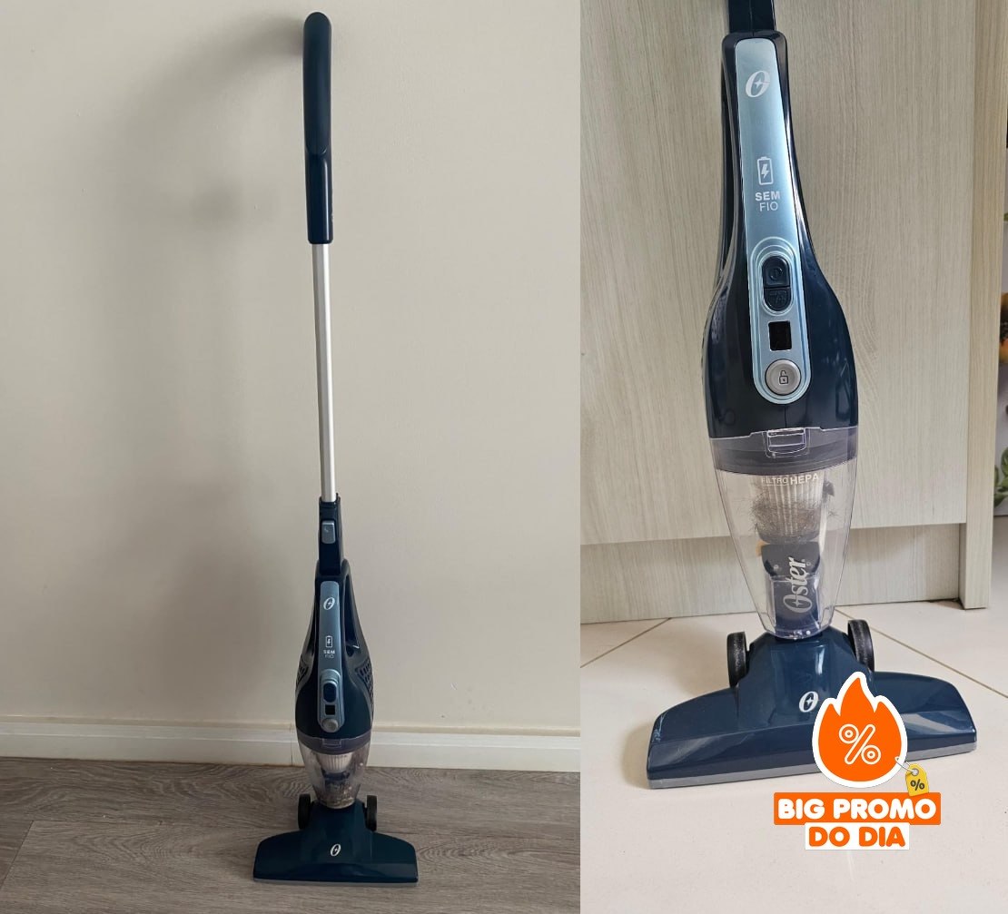 Aspirador de Pó Vertical Oster Sem Fio 3 em 1, Bateria, Azul, 90W