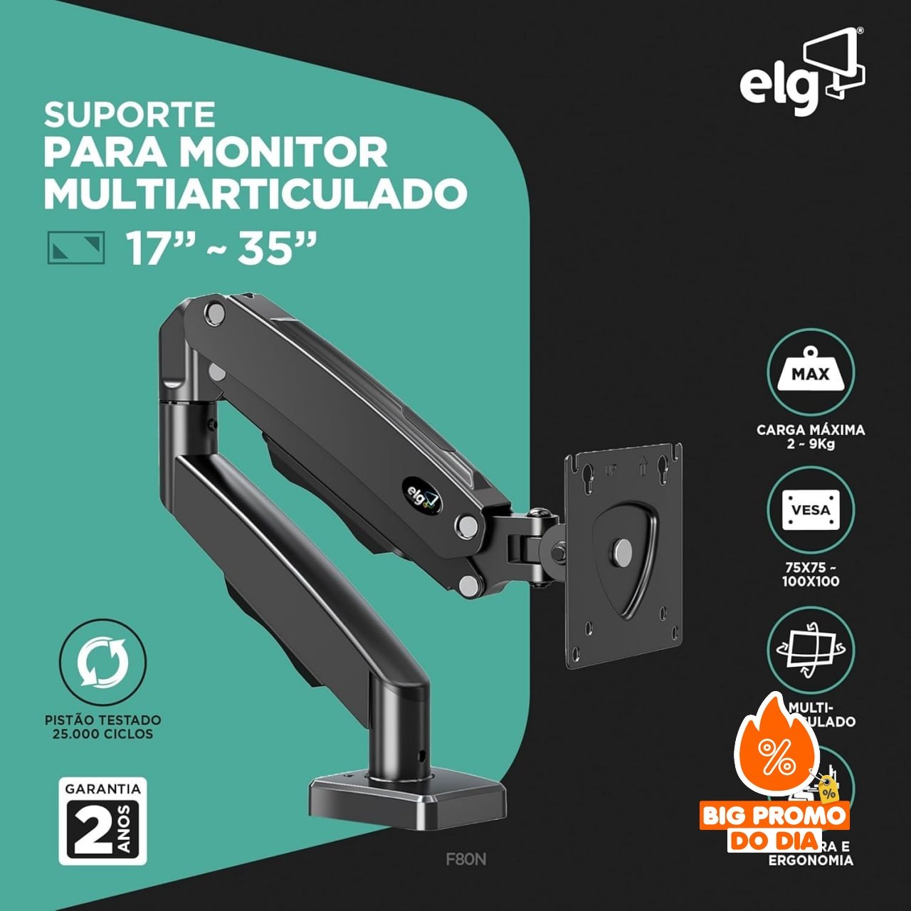 ️ ELG F80N - Suporte Articulado Mesa - Pistão a Gás - Monitores 17'' a 35'' - Preto